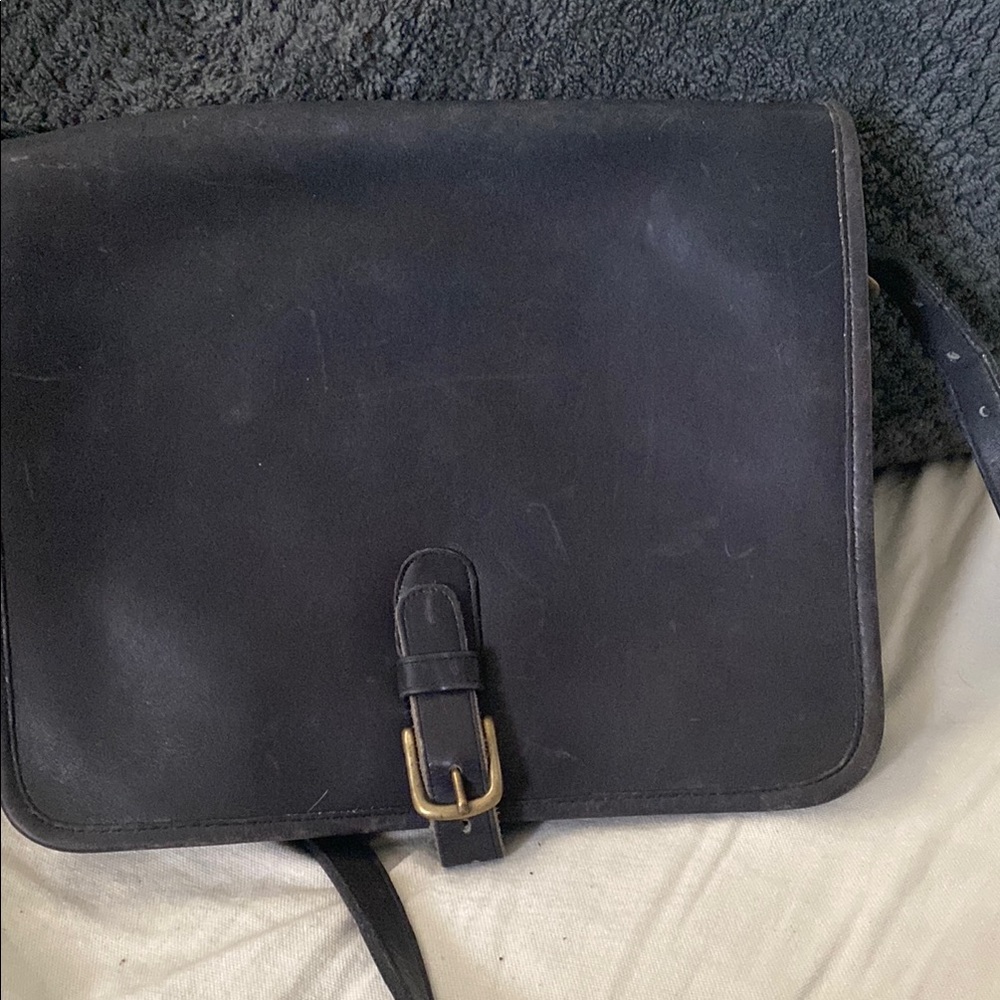 Coach Black Leather Messenger Bag with Brass Buckle